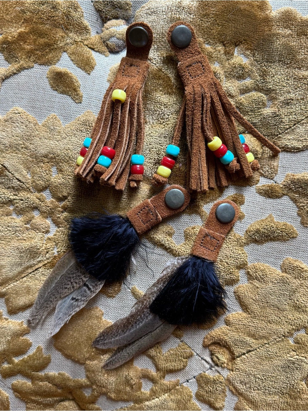 Minnetonka Brown Suede Beaded & Feather Boot Tassel Accessories